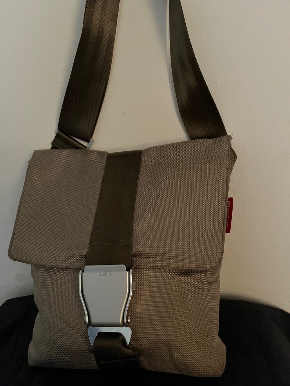 Taupe Crossbody Bag with Silver Buckle and Dark Strap